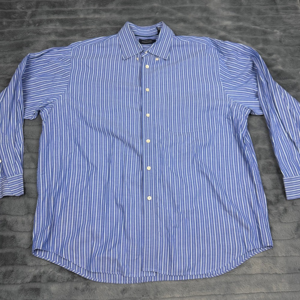 Roundtree & Yorke Mens Blue White Striped Cotton Button Down Shirt XL 14544